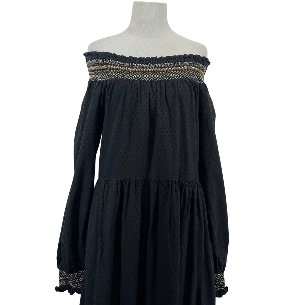 Universal Thread Size S Maxi Dress Black Smocked Embroidered Tiered Boho Peasant